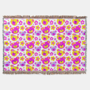 Repeat pattern teddy bear flower pink yellow throw