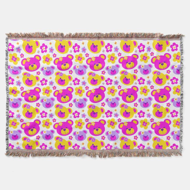 Repeat pattern teddy bear flower pink yellow throw (Front)
