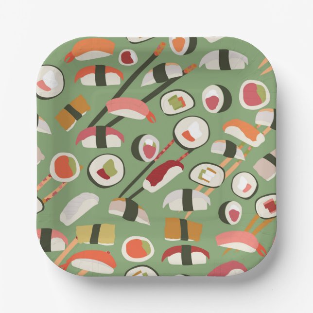 Repeat pattern with delicious hand drawn sushi paper plate (Front)