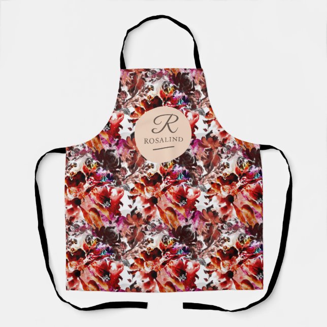 Repeated Burgundy Flowers Pattern Monogrammed Apron (Front)