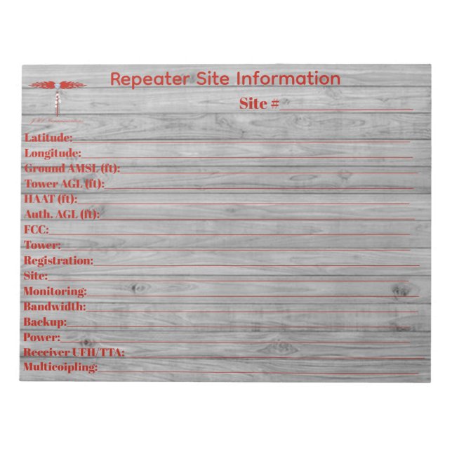 Repeater Site Information Notepad (Front)