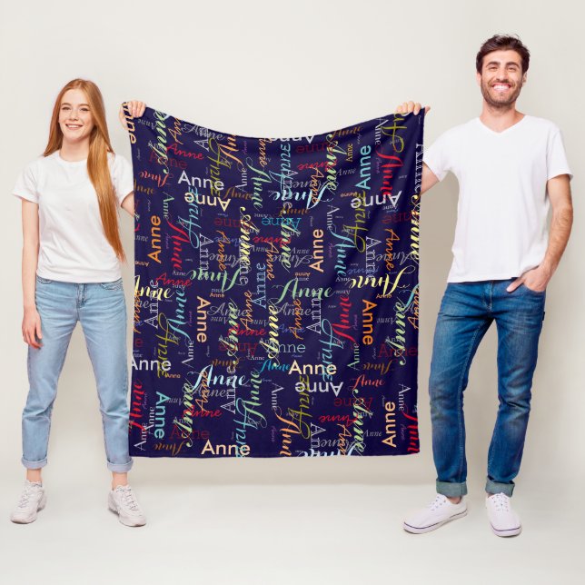 Repeating Colourful Name Typography dark blue Fleece Blanket (In Situ)