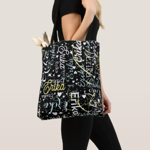 Repeating Custom Name with Hearts Romantic black Tote Bag