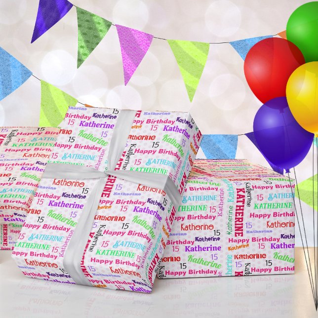 Repeating Girl's NAME Age Happy Birthday Cute Wrapping Paper (Creator Uploaded)
