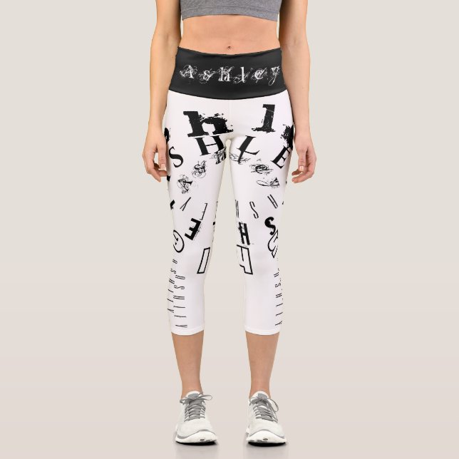 Repeating Name 6 Letters Black White HWCL Capri Leggings (Front)