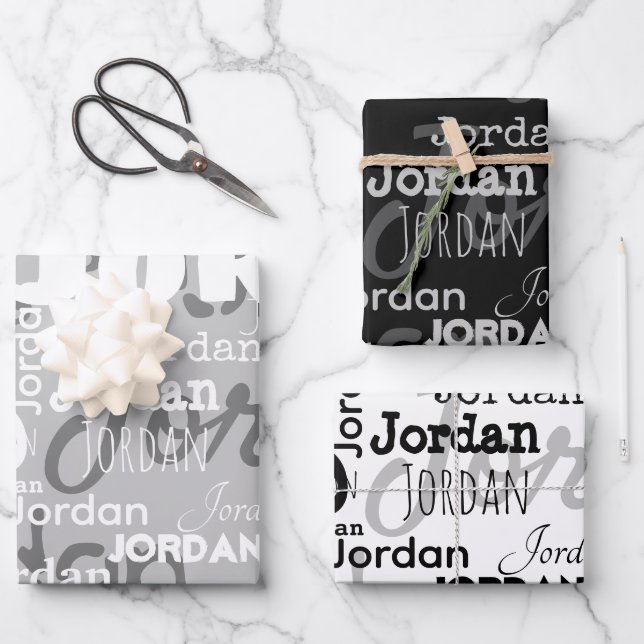 Repeating Name Black Grey White Modern Neutral Wrapping Paper Sheet (Front)