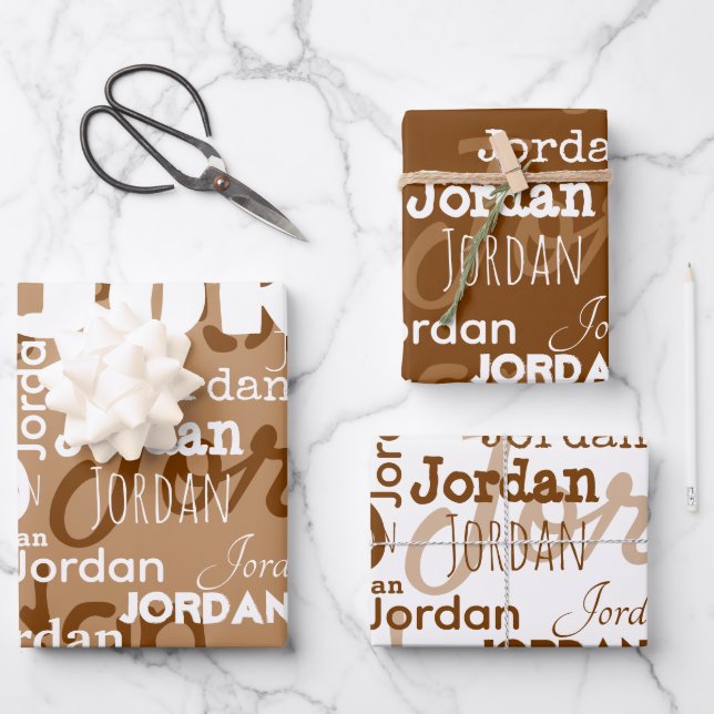 Repeating Name Brown Beige White Modern Neutral Wrapping Paper Sheet (Front)