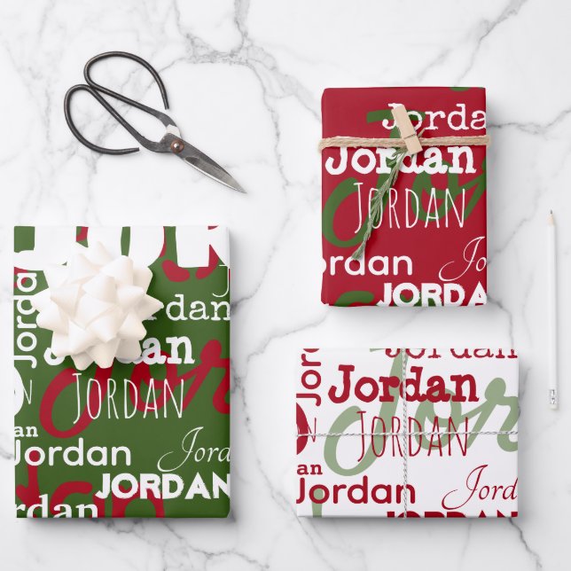 Repeating Name Christmas Red Green White Modern Wrapping Paper Sheet (Front)