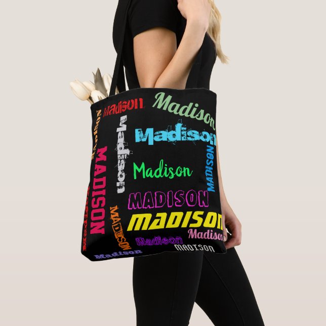 Repeating Name Colourful on Black Canvas Shoulder Tote Bag (Close Up)