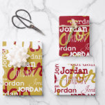 Repeating Name Gold Red White Christmas Wrapping Paper Sheet<br><div class="desc">This unique repeating name pattern gold,  red,  and white personalized Christmas wrapping paper features their name or family name in a repeating word graffiti pattern with various trendy and modern fonts. Your recipient will love to see their name gracing the front of their gifts!</div>