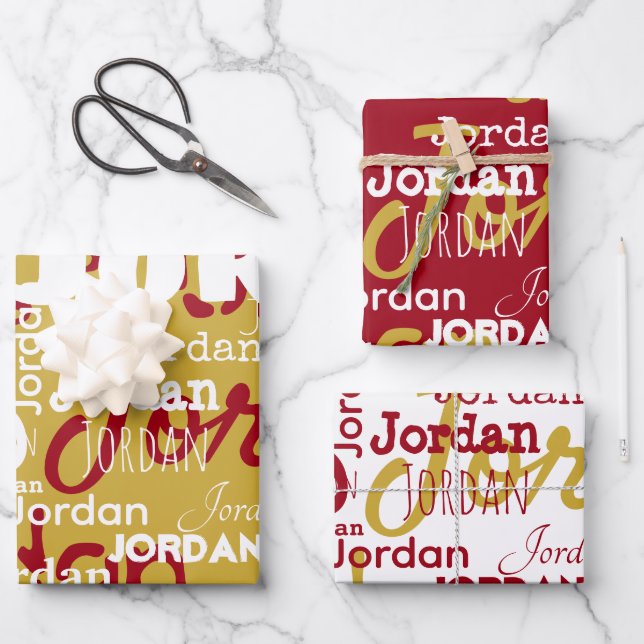 Repeating Name Gold Red White Christmas Wrapping Paper Sheet (Front)