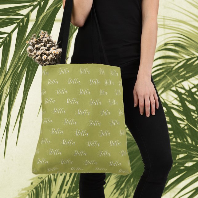 Repeating Name in White on Fall-Leaf-Green Tote Bag (Creator Uploaded)