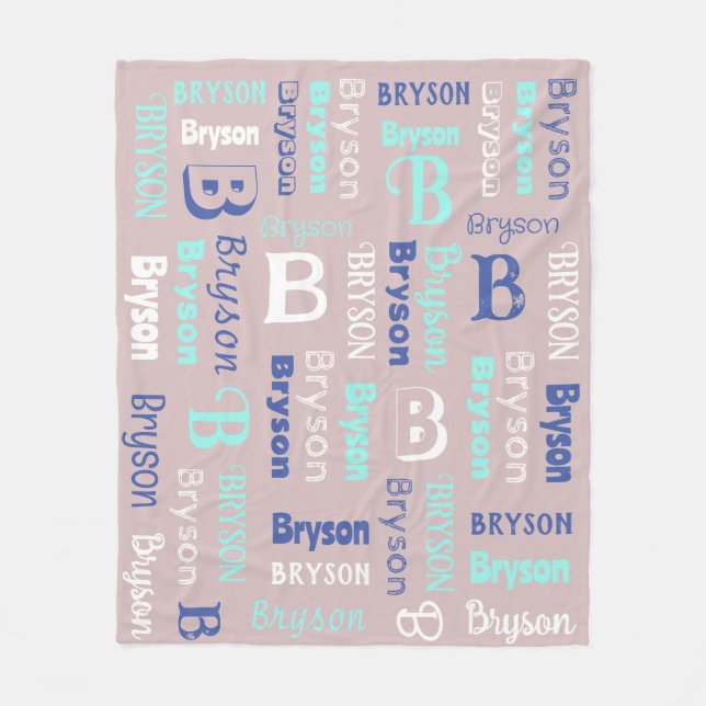 Repeating Name & Initial Grey Blue Navy Fleece Blanket (Front)