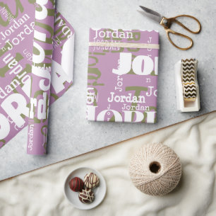 Repeating Name Lilac Green White Modern Neutrals Wrapping Paper