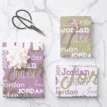 Repeating Name Lilac Sage Green White Modern Wrapping Paper Sheet<br><div class="desc">This unique repeating name pattern lilac, sage green, and white modern neutral personalized wrapping paper features their name or family name in a repeating font pattern with various fonts. Your recipient will love to see their own name graffiti on their gift wrap! This paper is perfect for wrapping bridal shower...</div>