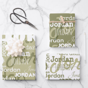 Repeating Name Pattern Sage Green White Modern Wrapping Paper Sheet