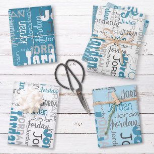 Repeating Name Personalized Blue Med. Length Name Wrapping Paper Sheet