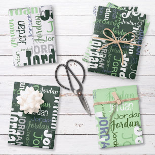 Repeating Name Personalized Green and White Wrapping Paper Sheet