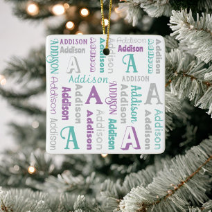 Repeating Name Personalized Grey Purple Teal Ceramic Ornament