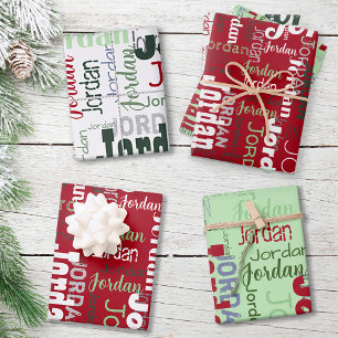 Repeating Name Personalized Red Green & White Wrapping Paper Sheet
