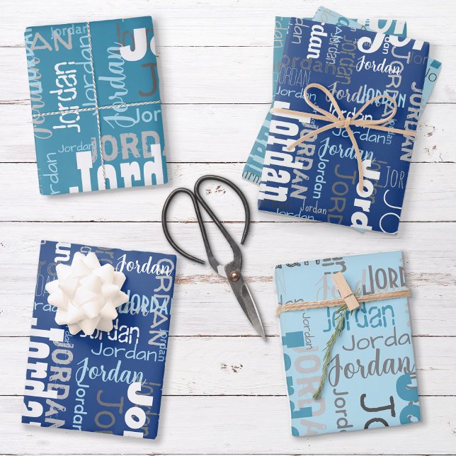 Repeating Name Personalized Shades of Blue Wrapping Paper Sheet (Set includes three sheets - one of each color.)