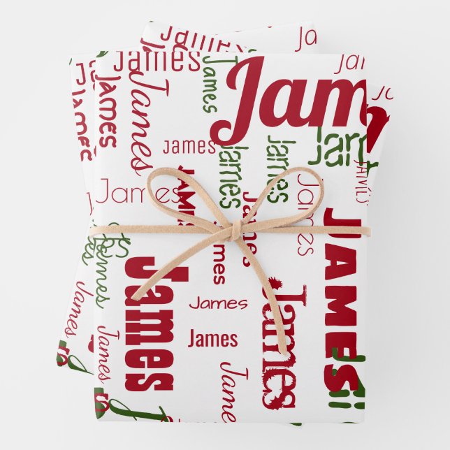 Repeating Name Personalized White Red Green Wrapping Paper Sheet (In situ)