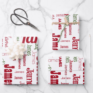 Repeating Name Personalized White Red Green Wrapping Paper Sheet