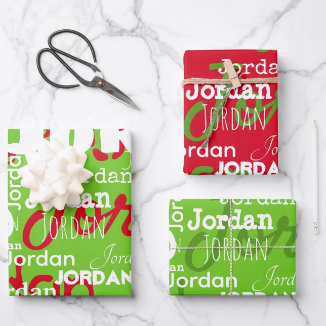 Repeating Name Red Green White Christmas Wrapping Paper Sheet (Front)