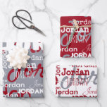 Repeating Name Red White Silver Christmas Wrapping Paper Sheet<br><div class="desc">This unique repeating name pattern red,  white and silver personalized Christmas wrapping paper features their name or family name in a repeating word graffiti patternwith various fonts. Your recipient will love to see their name gracing the front of their gifts!</div>
