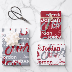 Repeating Name Red White Silver Christmas Wrapping Paper Sheet