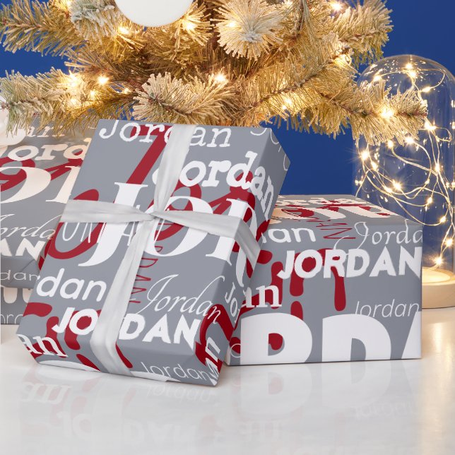 Repeating Name Silver Red White Pattern Christmas Wrapping Paper (Holidays)