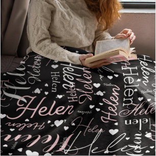 Repeating Names and Hearts all over the black  Fleece Blanket
