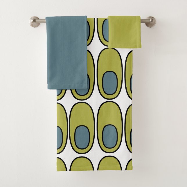 Repeating Olive Green and Grey Ovals Bath Towel Se (Insitu)