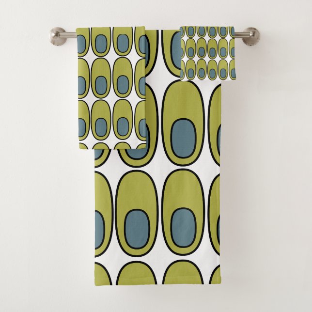 Repeating Olive Green and Grey Ovals Bath Towel Set (Insitu)
