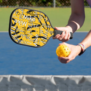 Repeating Overlapping Name All Over Yellow  Pickleball Paddle