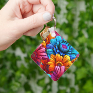 Repeating pattern of 3d colourful flowers keychain