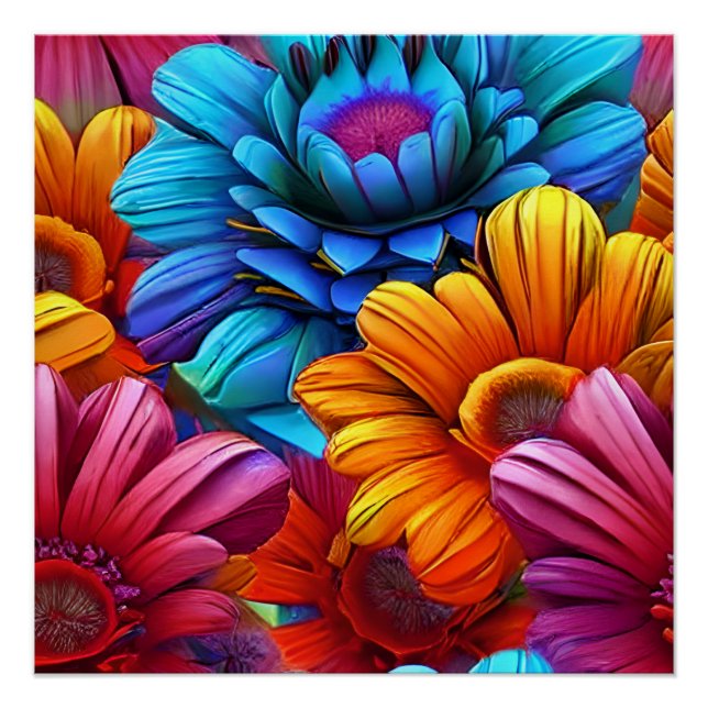 Repeating pattern of 3d colourful flowers poster (Front)