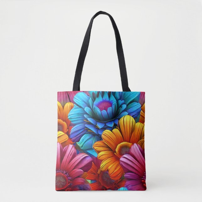 Repeating pattern of 3d colourful flowers tote bag (Front)