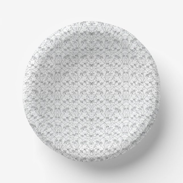 Repeating pattern of small, stylized shapes on a w paper plate (Front)