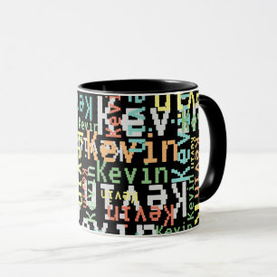 Repeating Pixels Colour Names all over black Mug