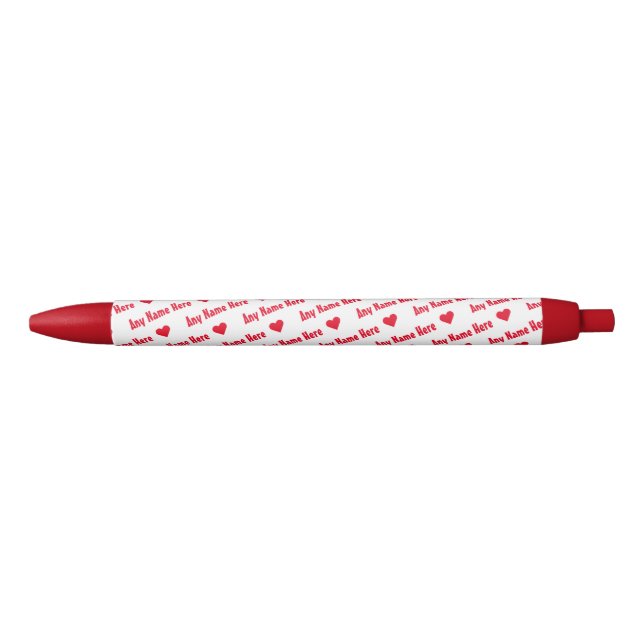 Repeating Red Hearts & Names Fun Girly Writing Black Ink Pen (Front)