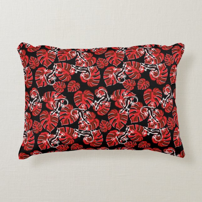 Repeating Salamander And Red Leaf Pattern Accent Pillow (Front)