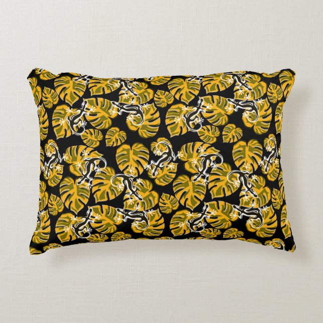 Repeating Salamander And Yellow Leaf Pattern Accent Pillow (Front)