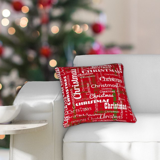 Repeating Word Pattern Red White Christmas Throw Pillow (Creator Uploaded)