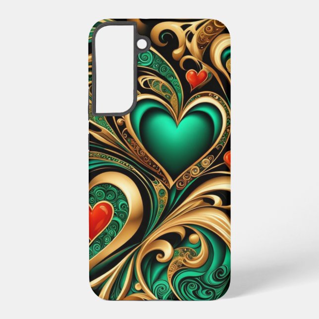 Repetitive Hearts Swirls Pattern Emerald Gold Samsung Galaxy S22+ Case (Back)
