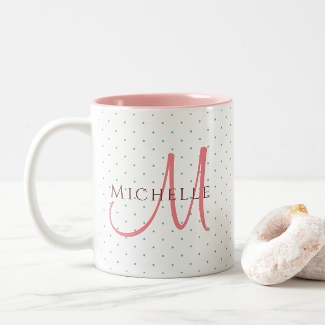 Replace Your Name Monogram Initial Template Two-Tone Coffee Mug (With Donut)