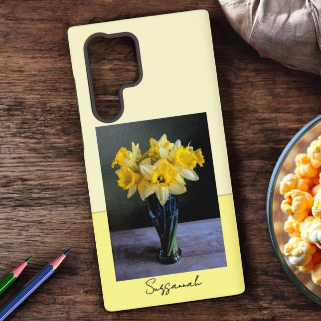Replaceable Daffodils in Vase Still Life Photo Samsung Galaxy S22 Ultra Case (Personalized floral phone cover)