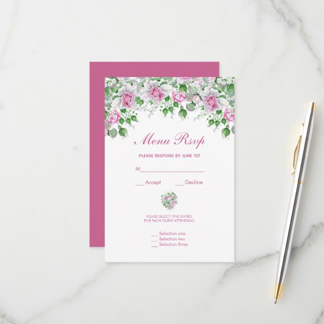 Réponse au menu de mariage Roses Romantiques Roses (Devant/Arrière en situation)