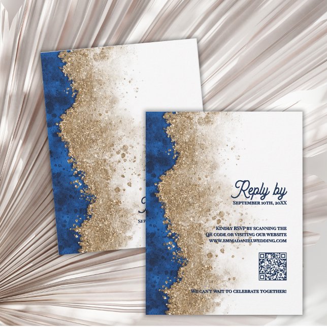 Réponse de luxe pour mariage avec code QR Or Bleu  (Royal Blue Gold QR Code RSVP Card Luxury Navy Blue Wedding RSVP with QR Code )