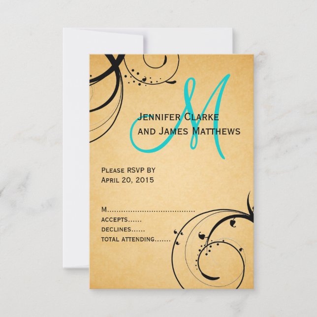 Réponse de mariage à monogramme Aqua Black Swirl (Devant)